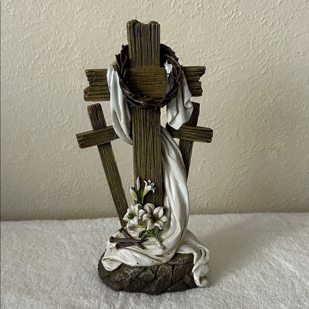 Decorative Cross Trio with White Drape and Flowers